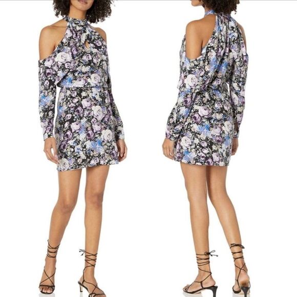 Parker Noemi 100% Silk Cold Shoulder High Neck Dress Floral Tahlia Purple Medium - Picture 1 of 14